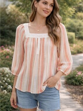 LC Lauren Conrad Striped Peasant Blouse Small Coral Cream Crochet Lace Boho